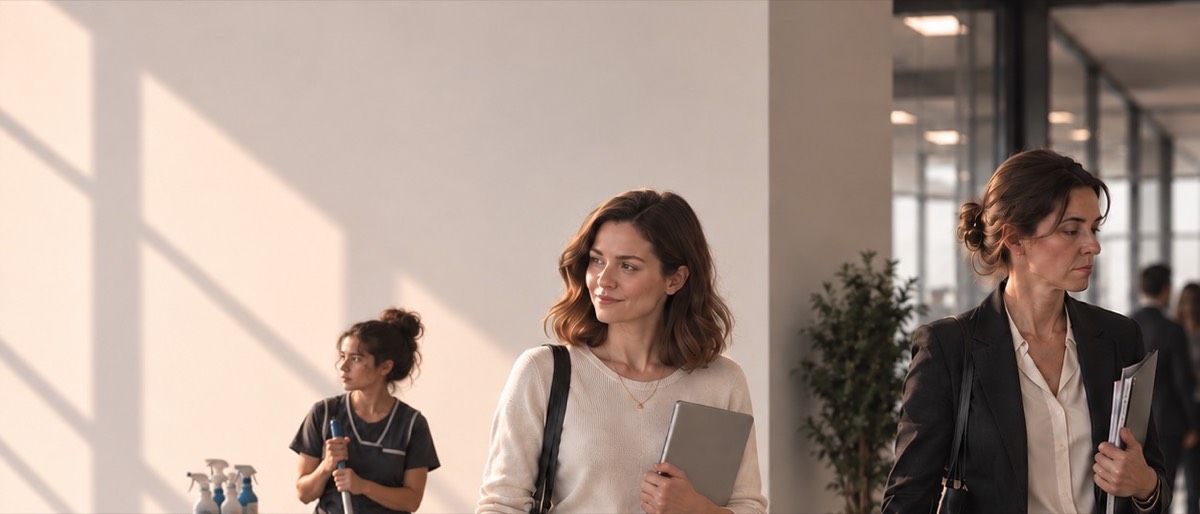 Illustration de la nouvelle Femmes au travail : une agente d’entretien, une employée et une directrice dans le couloir d’une entreprise