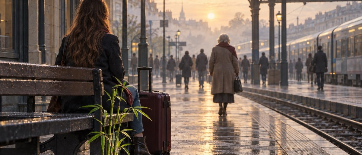 Illustration de la nouvelle Là où pousse mon bambou : une jeune femme assise sur un banc de gare, sa valise à côté d’elle