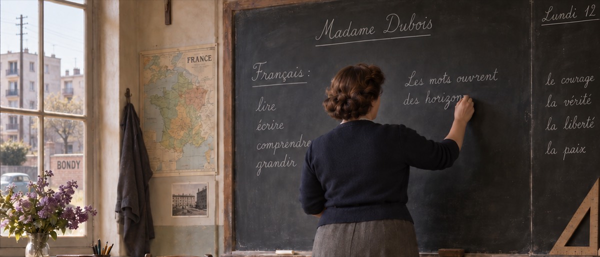 Illustration de la nouvelle Une femme plus grande que sa propre vie : une professeure écrit au tableau dans une salle de classe des années 1960