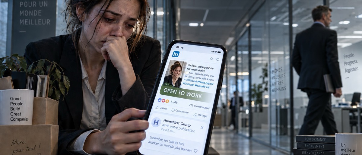 Illustration de la nouvelle Une formidable aventure humaine : une employée en larmes regarde son profil LinkedIn « Open to work »